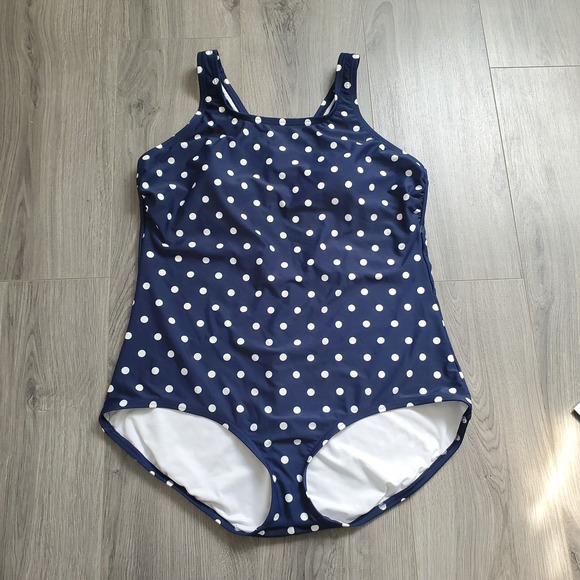Lands End Swimsuit One Piece Womens XL 18 Navy Polka dot full coverage modest - Picture 1 of 8